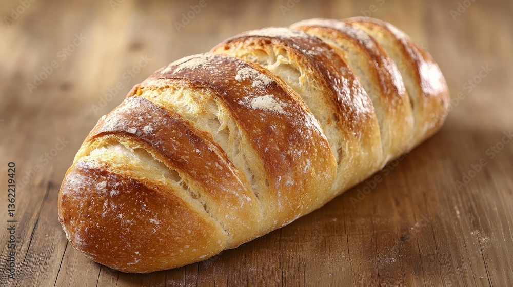 Golden brown artisan bread loaf on rustic wooden surface. Detailed view showing texture and scoring. Perfect for bakery or food blog Golden brown artisan bread loaf on rustic wooden surface. Detailed view showing texture and scoring. Perfect for bakery or food blog