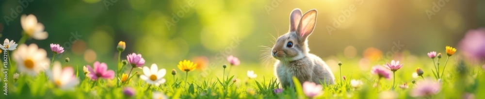 Whiskered rabbit ears amidst blooming flowers on a lush meadow, soft focus, pastel colors Whiskered rabbit ears amidst blooming flowers on a lush meadow, soft focus, pastel colors
