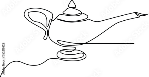 Genie magic Aladdin Teapot, Continuous Line Drawing Of Antique Teapot. One Line Of Aladdin Teapot. Editable Outline. Vector Illustration.