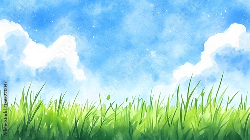 A beautiful watercolor painting shows grass and a bright blue sky
