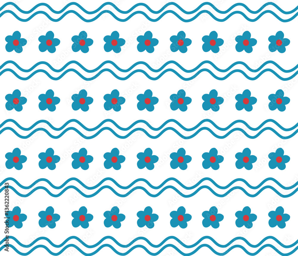 Seamless pattern with flowers and waves. Vector background with cute flowers in folk style. Abstract flowers and waves are hand drawn. Summer print is suitable for websites, clothing, paper, fabric. Seamless pattern with flowers and waves. Vector background with cute flowers in folk style. Abstract flowers and waves are hand drawn. Summer print is suitable for websites, clothing, paper, fabric.