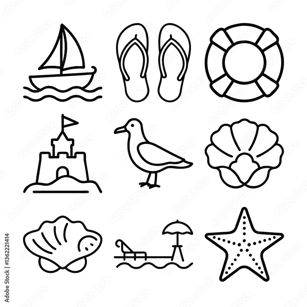 Fototapeta premium A Bundle of Summer related icons set with various symbols and elements in a doodle style