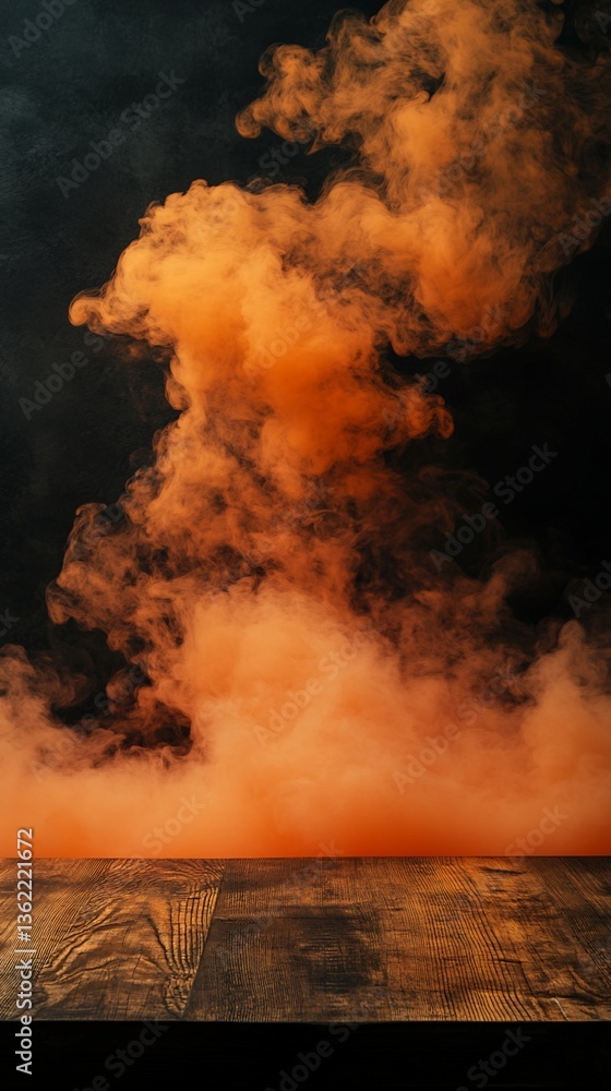 Fototapeta premium Dark Wooden Table with Orange Smoke Background