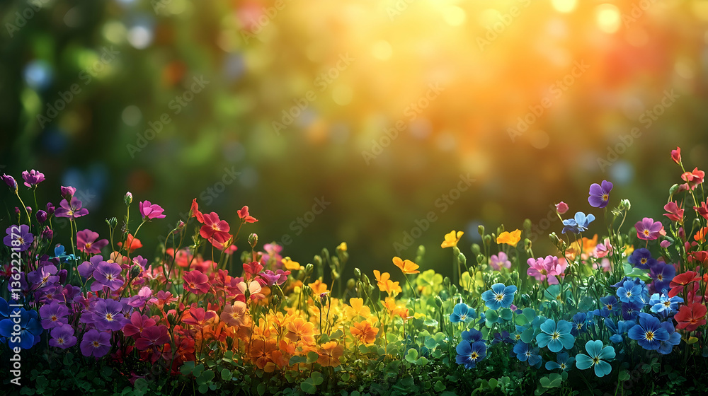 Obraz premium Colorful flowers glow under bright sunlight in a garden setting, out-of-focus background