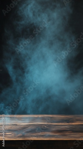 Dark Wooden Table with Teal Smoke Background