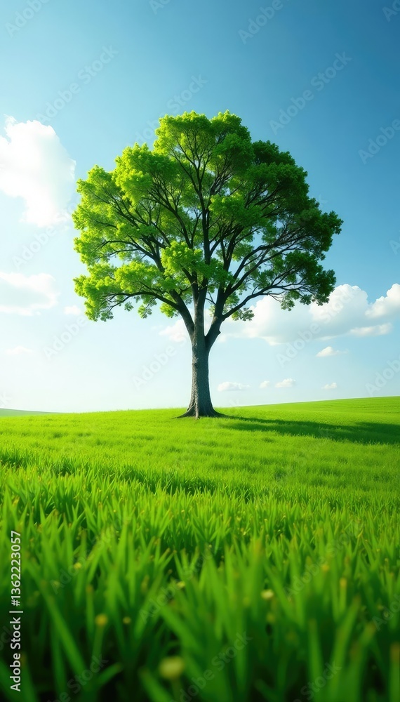 Fototapeta premium Single tree with branches stretching towards the sky in an open field, solo, trees
