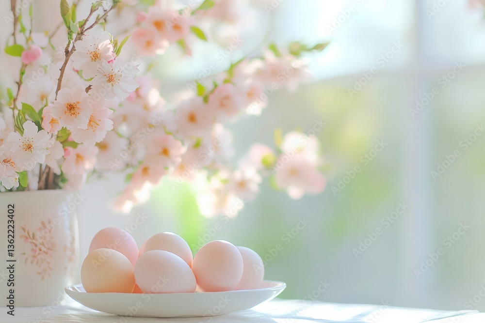 Speckled Pastel Easter Eggs in Wicker Basket with Spring Flowers and Tulips Outdoors in Soft Light