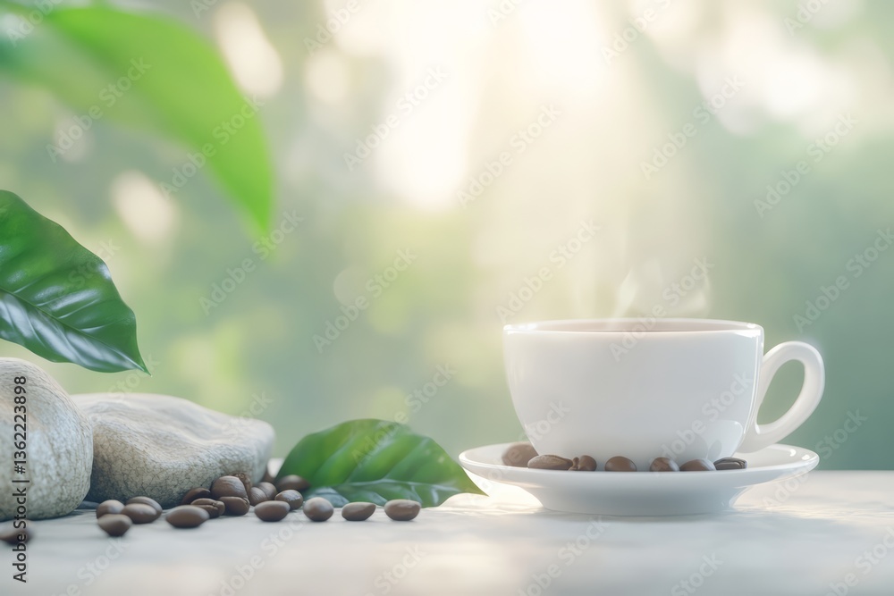 White Coffee Cup with Roasted Beans on Stone Surface in Natural Morning Light Outdoor Setting
