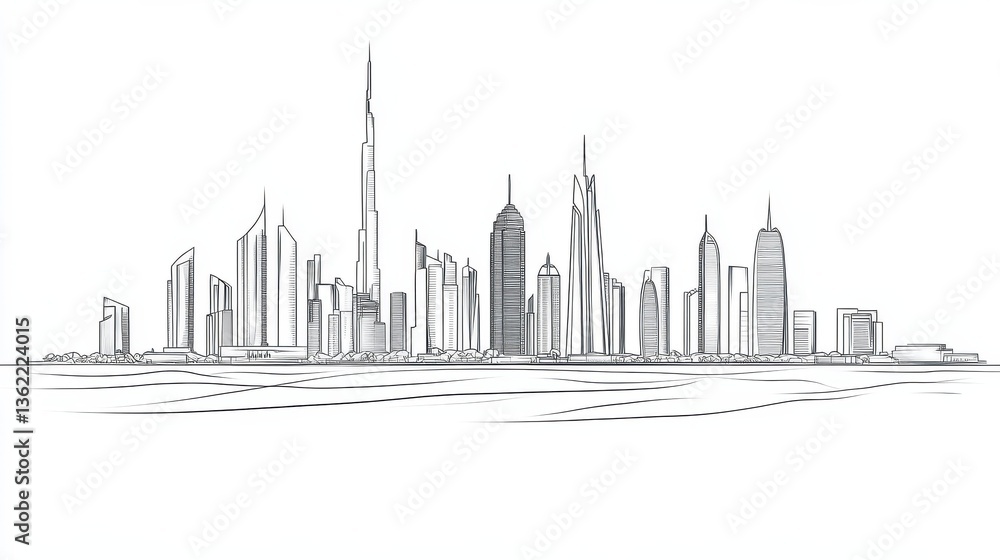 Naklejka premium minimalist line art skyline of dubai continuous single line drawing iconic landmarks sleek modern aesthetic on white background