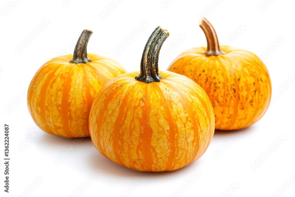 Obraz premium Three Decorative Pumpkins with Orange Stripes on White Background for Fall
