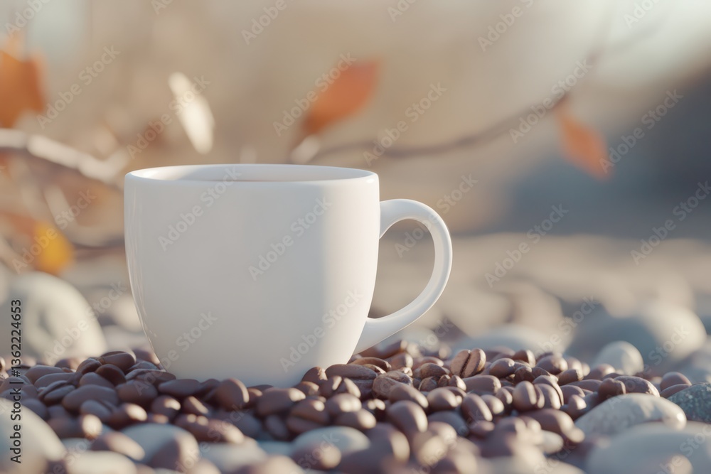 White Coffee Cup with Roasted Beans on Stone Surface in Natural Morning Light Outdoor Setting