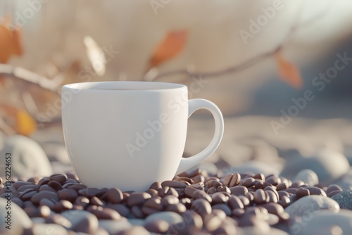 Obraz na płótnie White Coffee Cup with Roasted Beans on Stone Surface in Natural Morning Light Outdoor Setting w salonie