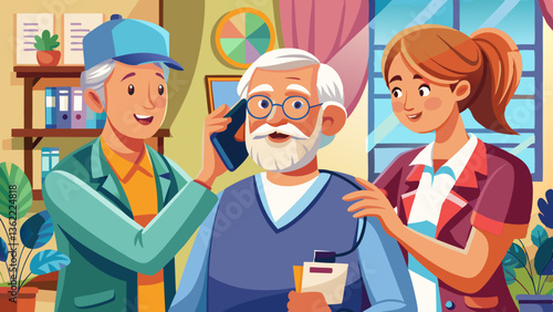 Senior old man and caring kind nurse, geriatric medicine caretaker helping with phone call for male nursing home resident, adult in assisted living, female doctor visiting patient
