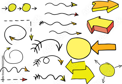 set of arrows drawn with black curved lines with yellow fill of different shades, line arrows, dotted arrow, arrows with circle, volumetric arrows