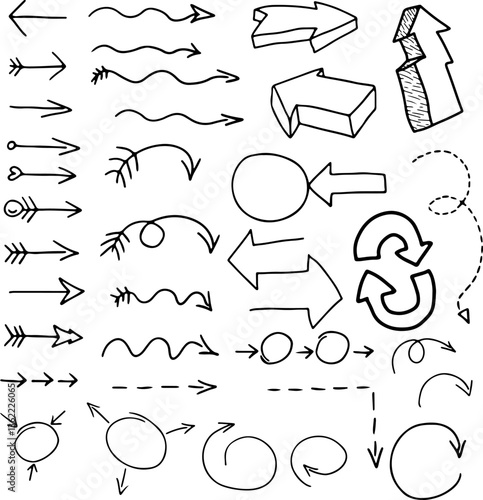 set of arrows hand drawn with brush black curved lines, line arrows, volumetric arrow, spiral arrows, arrow circle, dotted arrows