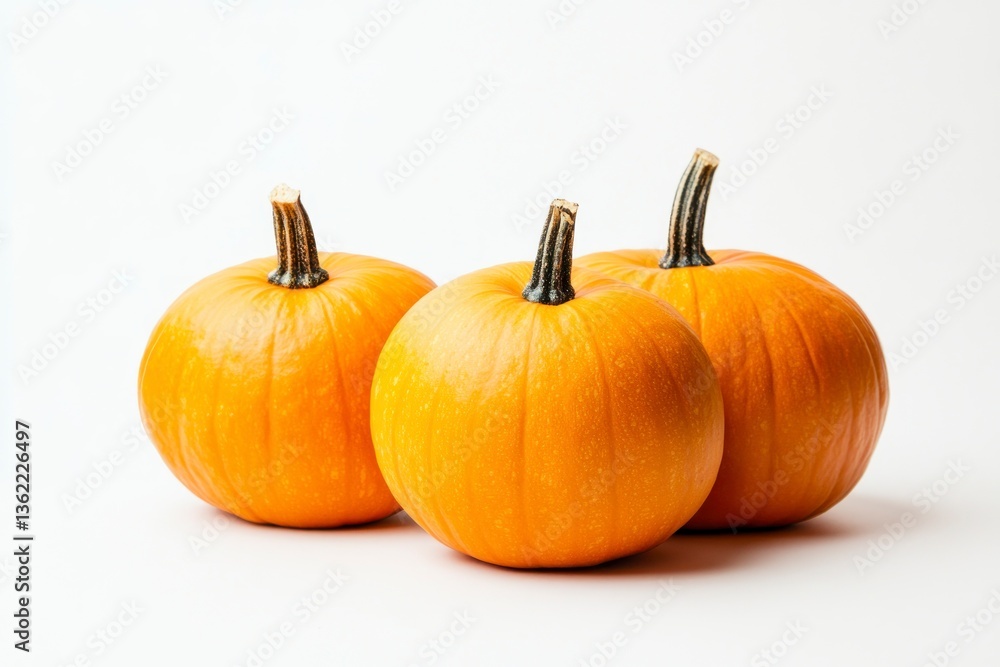 Three Orange Pumpkins Sitting Together on a White Background Shot in Studio