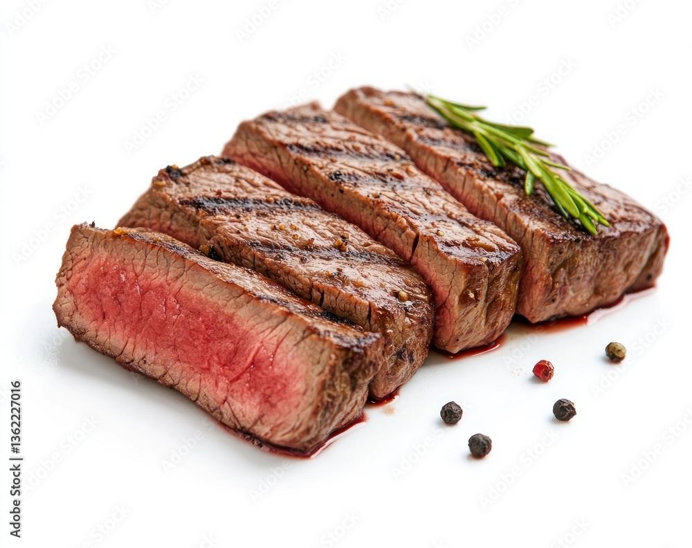 Sliced Grilled Steak with Rosemary and Pepper on White Background Sliced Grilled Steak with Rosemary and Pepper on White Background