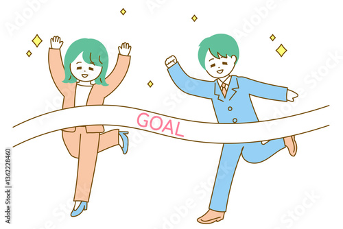 ゴールテープをきるビジネスマンの男性と女性のイラスト　ポップなイラスト　
