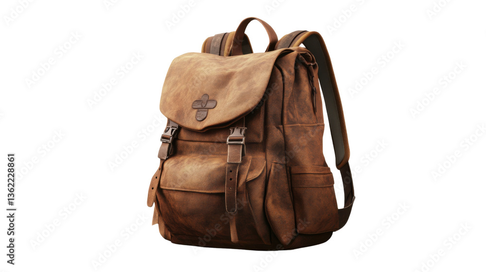 Naklejka premium Vintage Leather Backpack: A well-worn, leather backpack, capturing a sense of timelessness and adventure. the aged texture tells a story of exploration.