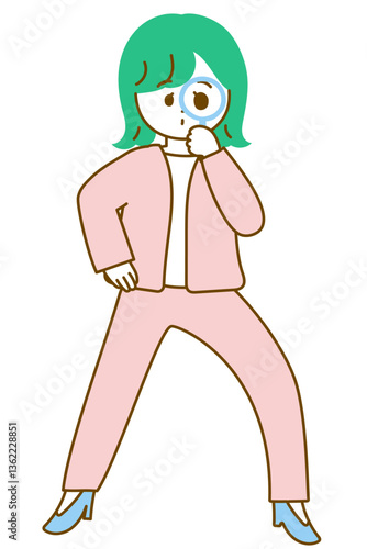 虫眼鏡で覗き込むスーツの女性のポップな全身イラスト