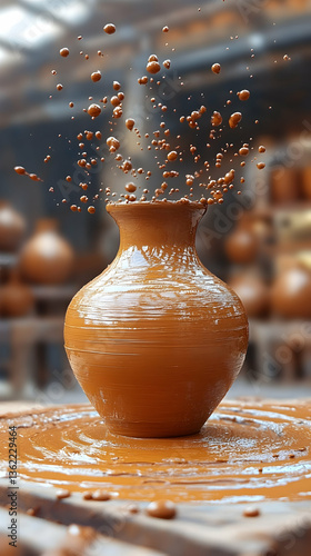 Ceramic pot on spinning wheel creates a splash; crafts and skill create a unique piece