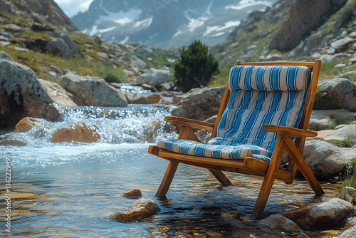 Chair in mountain stream with snow capped peaks in the background