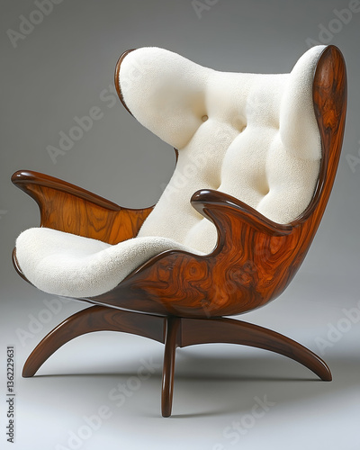 Chair Sculptural wood frame chair with tufted cream upholstery on a neutral background