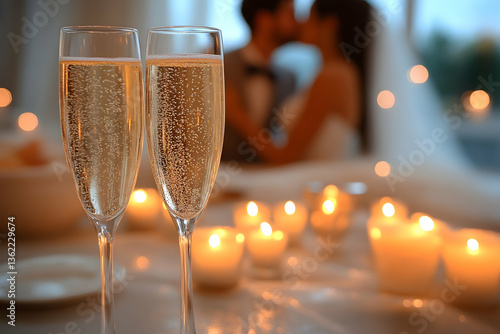 Champagne flutes, candles, couple kissing