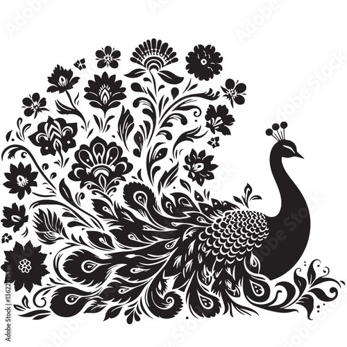 Black Color Peacock Silhouette Vector Illustration, Solid White Background