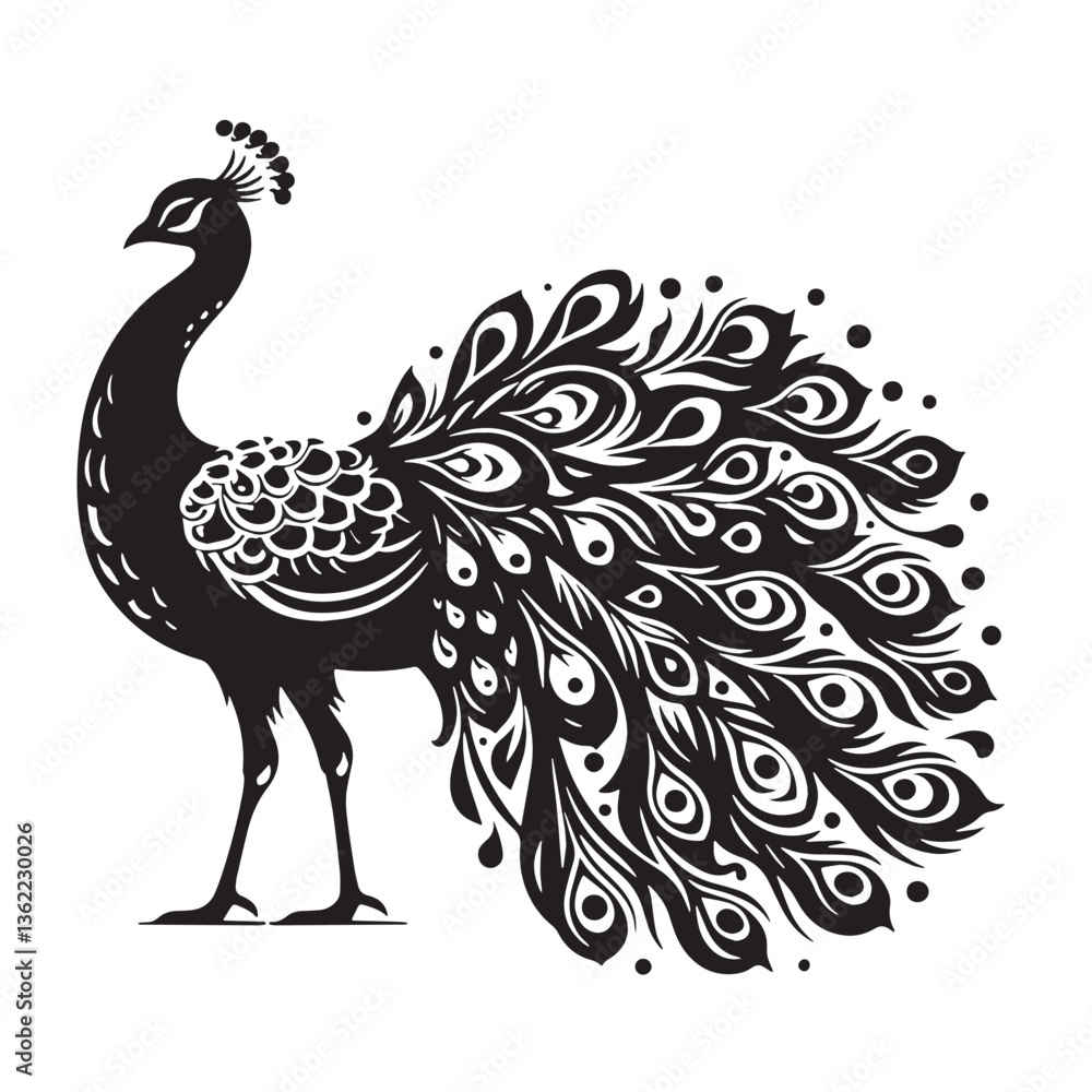 Fototapeta premium Black Color Peacock Silhouette Vector Illustration, Solid White Background