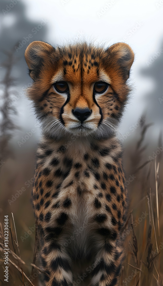 Obraz premium Cheetah cub portrait Alert gaze in tall grass