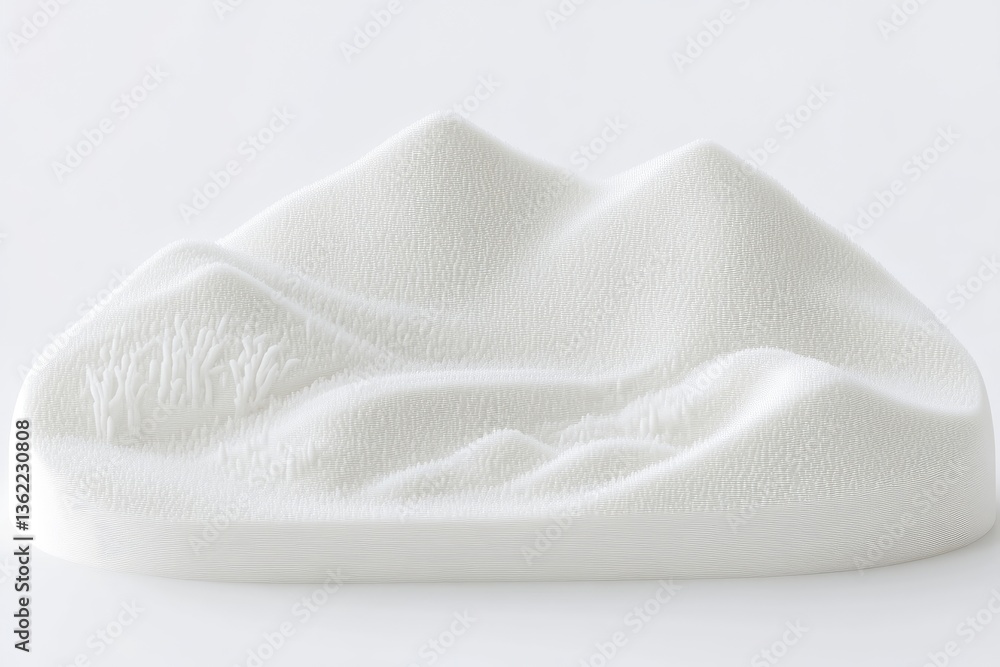 White 3D printed landscape, mountains, and valleys. A minimalist sculpted form White 3D printed landscape, mountains, and valleys. A minimalist sculpted form