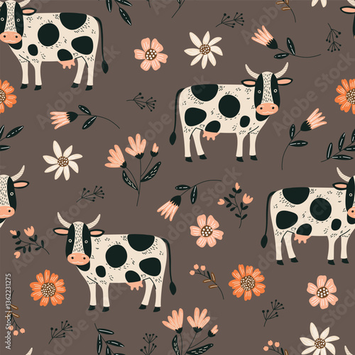 Seamless pattern of cartoon cows and flowers on a dark background. Flat vector illustration