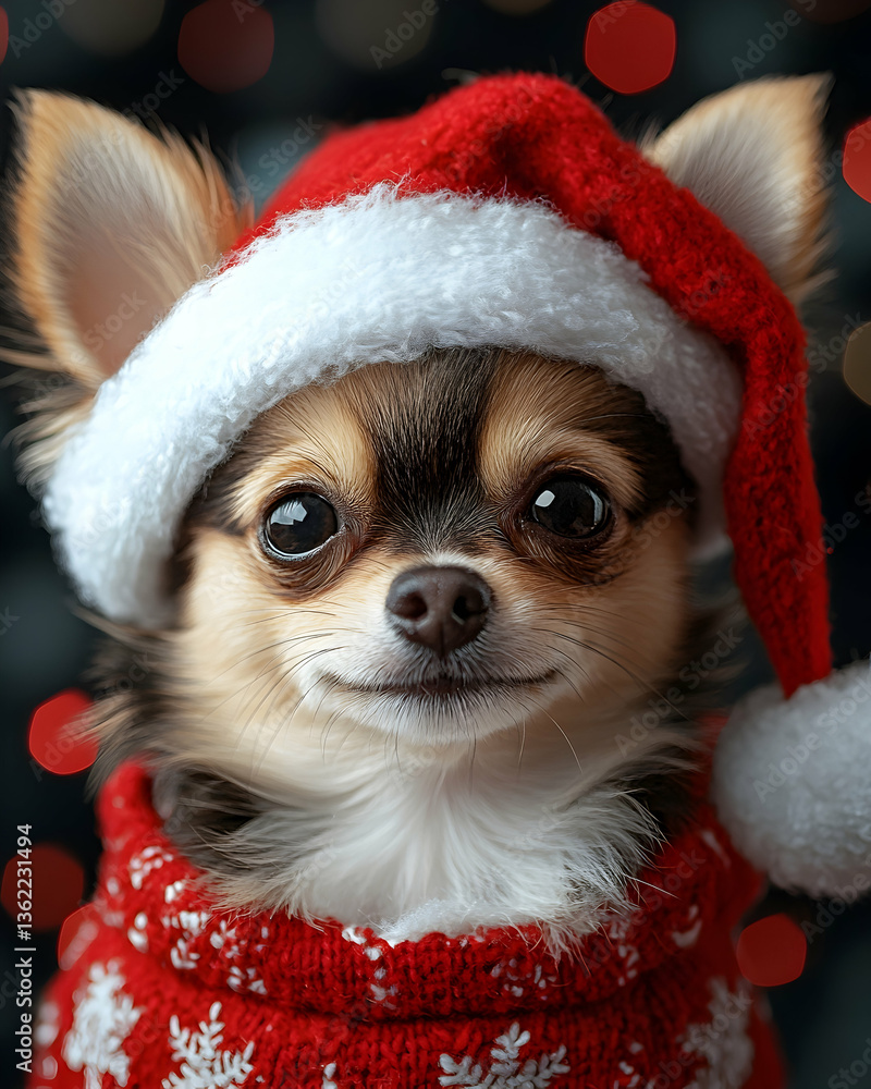 Chihuahua puppy in Santa hat and festive sweater Chihuahua puppy in Santa hat and festive sweater