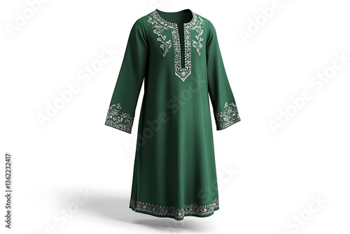 3D Classic Green Kurta with Embroidered Sleeves.