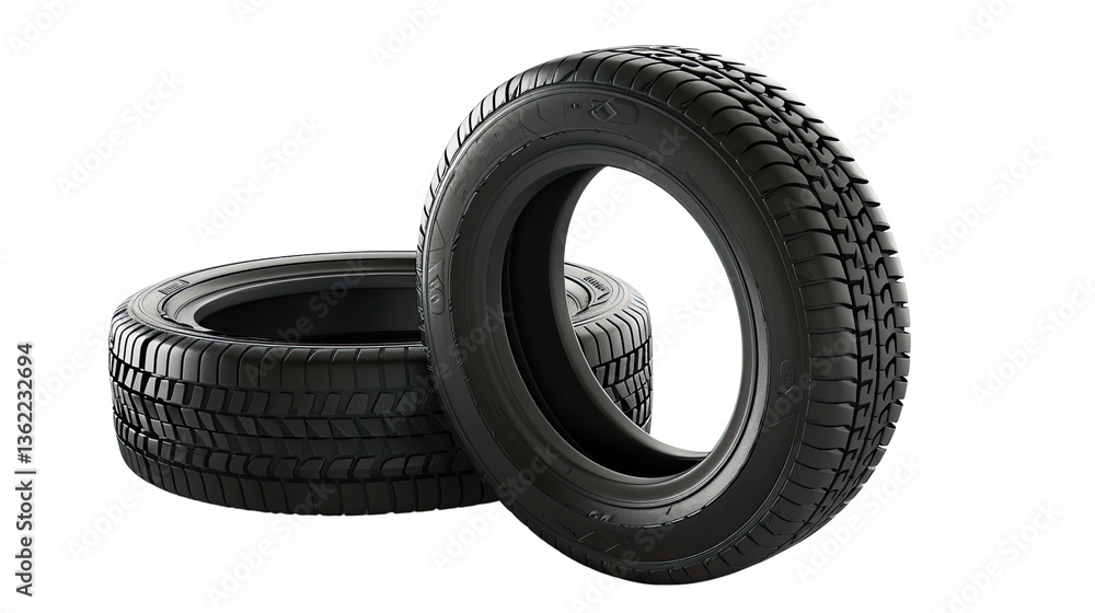 Obraz premium Rolling into Focus: Two black tires stand in a detailed shot, emphasizing their texture and pattern against the plain background. Designed to showcase product design and textures.