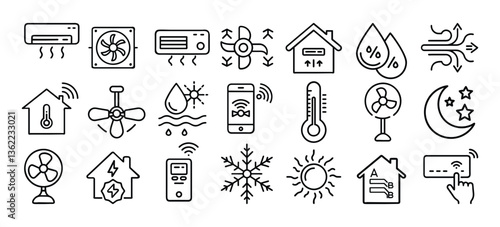 Air conditioning and ventilation line icons set for climate control  
