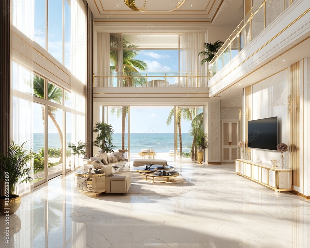 Fototapeta premium Oceanfront Living Room Interior Design with Beige and Gold Accents