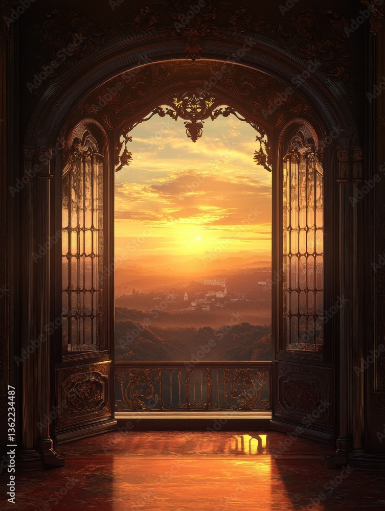 Fototapeta premium Sunset View Through Ornate Window Frames Indian Palace