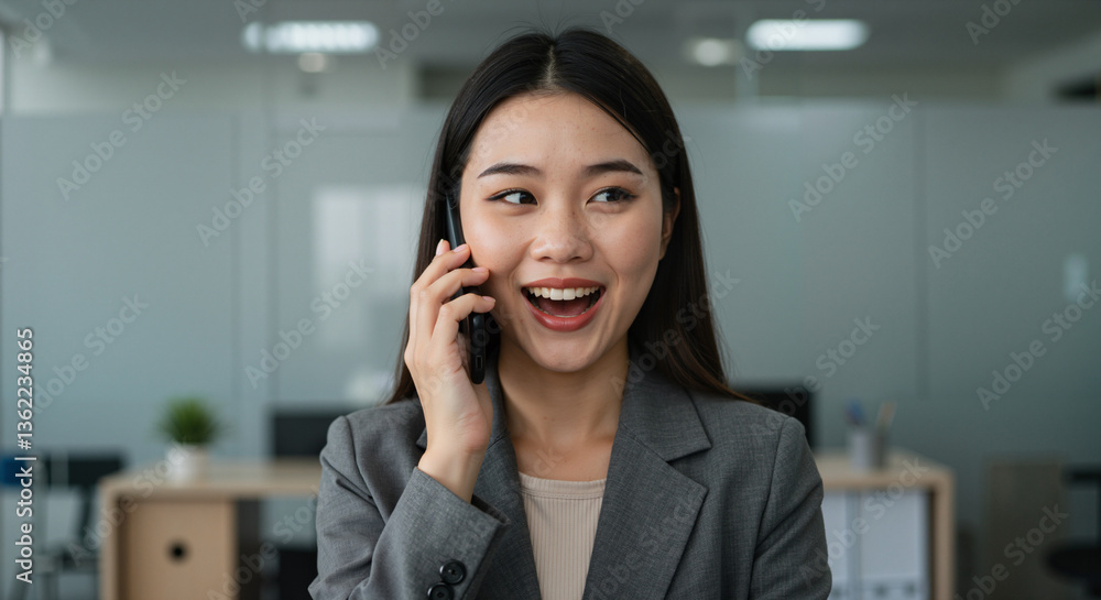 Businesswoman smiling while on the phone in an office environment Businesswoman smiling while on the phone in an office environment