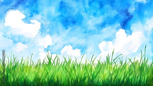 Watercolor painting showing a blue sky with clouds and green grass