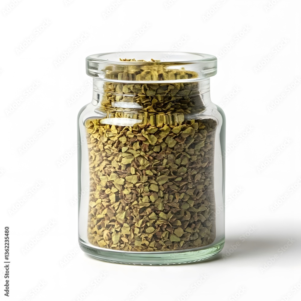 A small glass jar filled with dried oregano leaves on a white background, AI Generated A small glass jar filled with dried oregano leaves on a white background, AI Generated