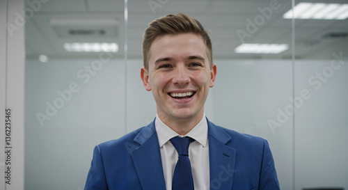 Smiling businessman wearing a suit standing in an office environment  