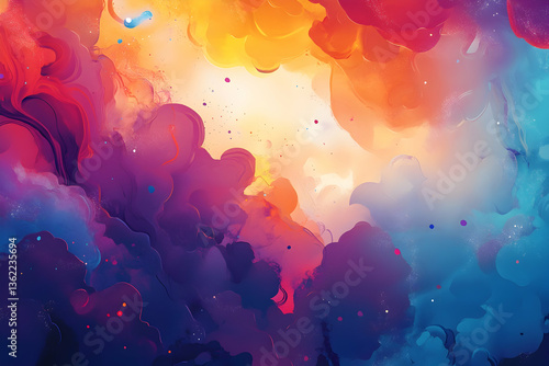Vivid abstract clouds swirl like a cosmic nebula, blending warm orange with cool violet and blue in a dreamy, painterly explosion of color.