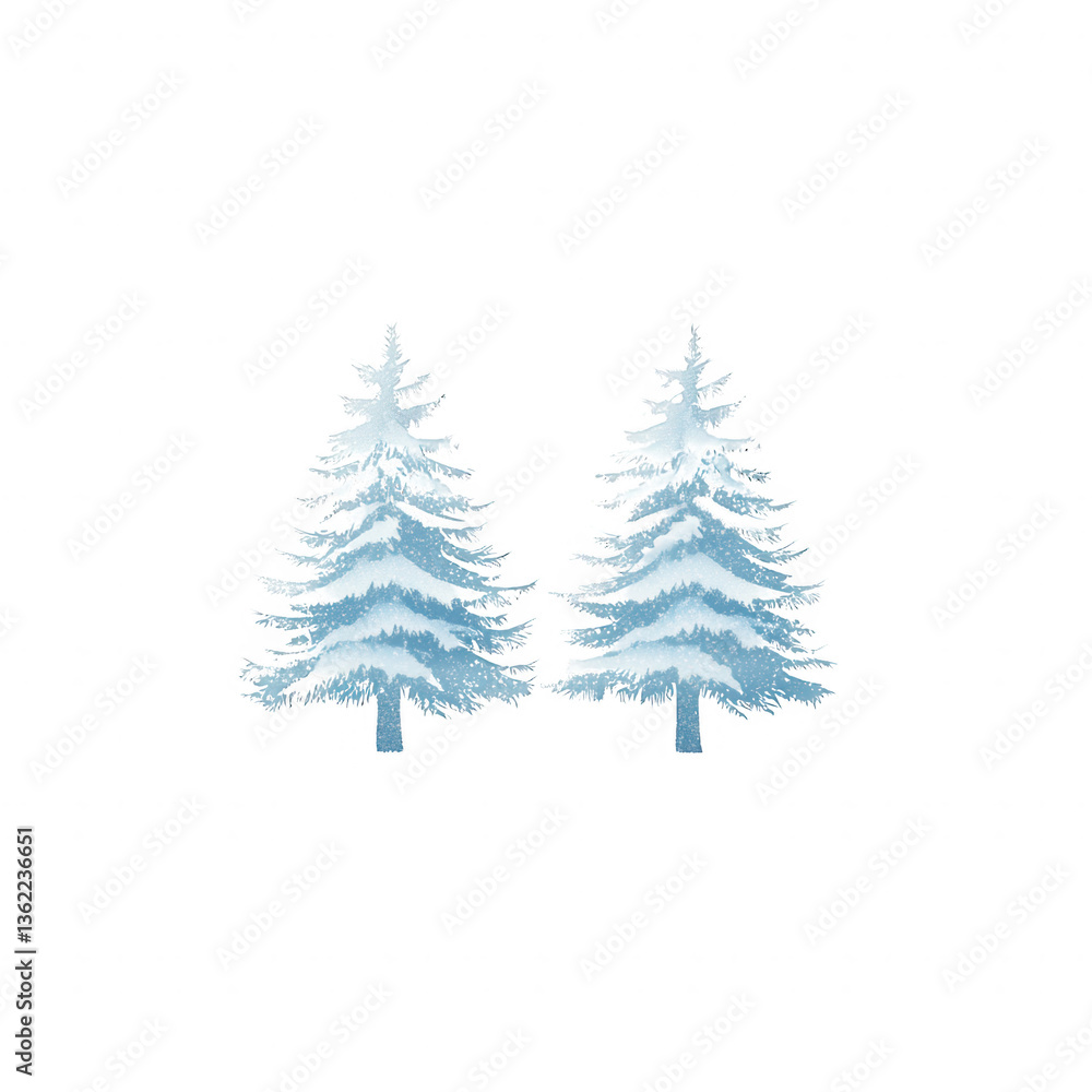 Fototapeta premium Two tall, snow-covered evergreen trees stand side by side against a white background. The branches are lush and full, showcasing the beauty of winter foliage.