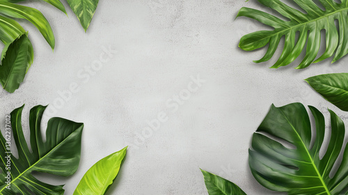 Flat Lay Of Green Tropical Leaves On Light Gray Concrete Background