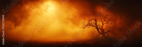 Mystical scene of a fire surrounding a bush without harm, radiating warm light into a dark void,
