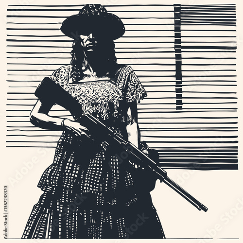 Black and white vector illustration of a Mexican female revolutionary (adelita) in traditional dress holding a rifle. Dramatic silhouette style artwork captures the spirit of Mexican Revolution 