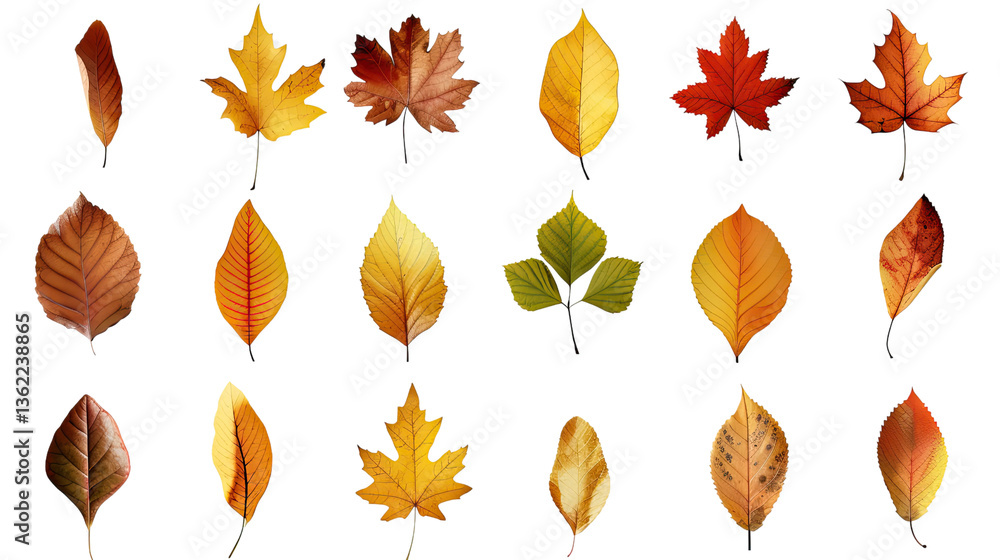 Obraz premium Autumn Leaves Collage: A stunning collage showcases a vibrant array of colorful autumn leaves, each unique in shape and hue, elegantly arranged to celebrate the season's beauty.