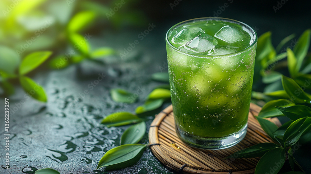 Fototapeta premium 爽やかな緑茶ソーダ — 葉としずくに囲まれた夏の涼み/Refreshing Green Tea Soda — A Summer Cool Down Surrounded by Leaves and Droplets Generative AI